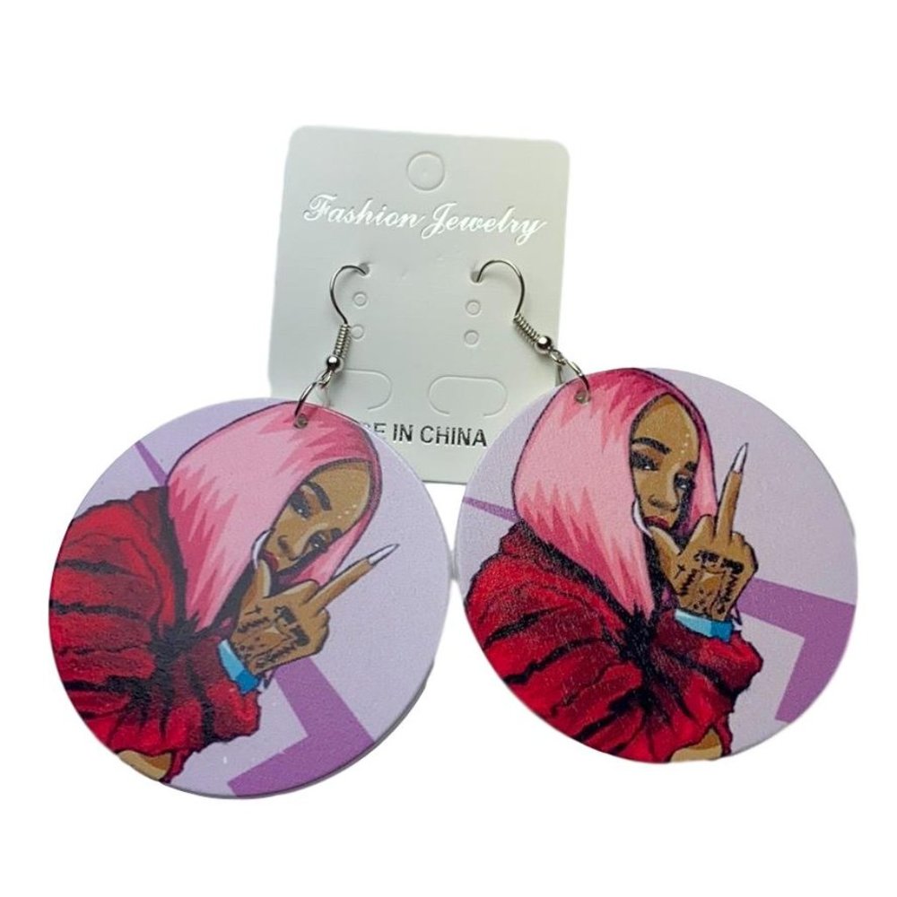 Wooden hand painted round drop earrings